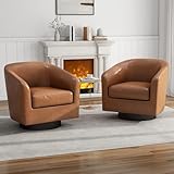 UIXE PU Leather Swivel Barrel Club Chairs Set of 2, Modern Arm Accent Chair Mid-Century Upholstered Round Armchair Single Sofa Seating Side Reading Seat for Living Room, Office, Bedroom (Brown)