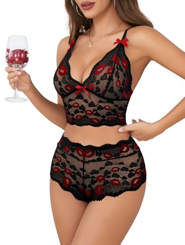 Image of Lilosy Sexy Lingerie for Women Lace Pajamas Set Cami Bra and Panty High Waist Sheer Sleepwear 2 Piece 2XS-6XL
