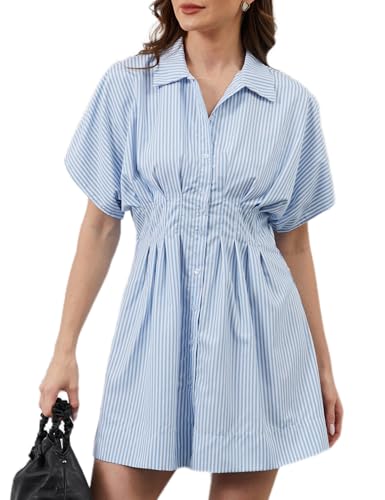Image of Women Button Down Pleated Shirt Dress Summer Short Sleeve Blouse Striped Print Corset Mini Dresses