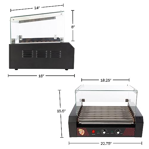 Image of Hot Dog Roller Machine with Cover - 1170W Stainless-Steel Cooker with 9 Rollers - 24 Hotdog Capacity Electric Grill by Great Northern Popcorn