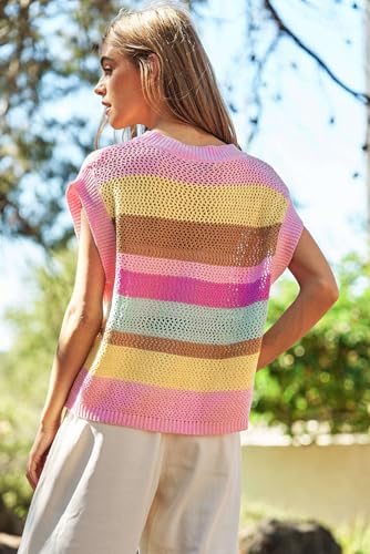 Charming Crochet Sleeveless Sweater with Round Neck - Pink Stripe3