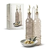 COOK WITH COLOR Glass Olive Oil Bottle Dispenser - 2 Pack- 17oz Oil and Vinegar Cruet - Olive Oil Carafe Decanter for Kitchen, Floral, Brown