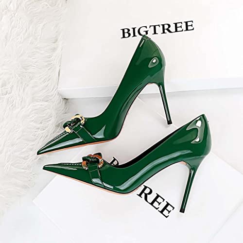 JOEupin Women's Gold Metal Chain Slip On Pointed Toe Stiletto High Heel Pumps Shoes 3.7 Inch4