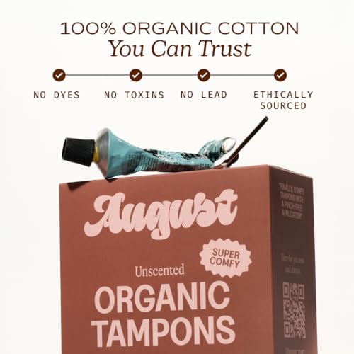 Image of August Super Tampons - Easy-Glide Long Applicators - 36-Pack 100% Organic Cotton Tampons for Women, Non-Toxic, Fragrance-Free, and Hypoallergenic