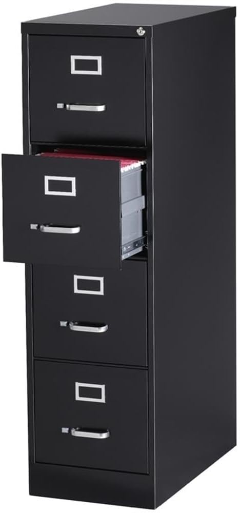 Pemberly Row 4-Drawer Metal Filing Cabinet, 26.5" Deep, Letter Width, Black Finish, Commercial Grade, Vertical Design, Lockable, Durable Steel Construction, Ball-Bearing Slides for Office or Business