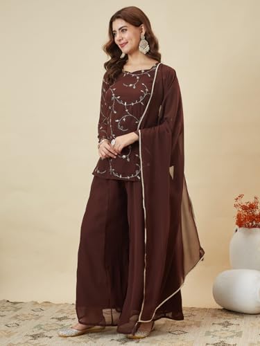 Image of MOKOSH Women's Georgette Short Kurti Palazzo with Dupatta | Short Kurti Set |Ethnic Kurta Set for Women | Sweetheart Neck Full Sleeve | Indian Kurta Outfit With Palazzo Pants