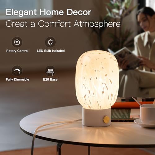 ONEWISH Table Lamp for Bedroom Nightstand,Bedside Lamp Translucent Glass Stepless Dimmable,Vintage Glass Lamp Murano Aesthetic Home Decor with Bulb for Living Room Kitchen Mother's Day