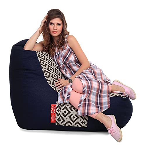 Image of Style Homez Urban Design Denim Canvas Geometric Printed Chair Bean Bag XXL Size Filled with Beans Fillers