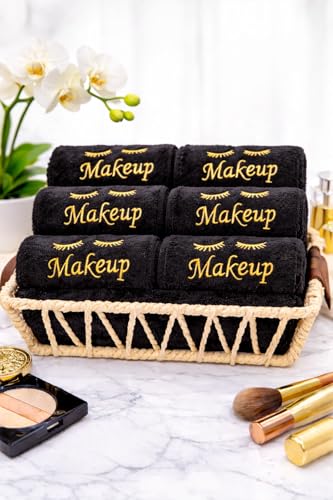 URBLUX Microfiber Makeup Remover Washcloths Set of 6 - Soft, Reusable Face Towels for Makeup Removal Eco-Friendly Embroidered Cleaning Cloths - Multipurpose Make Up Eraser – (Black/Gold Silk)
