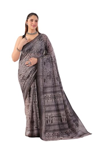Image of TAMAIRA FASHION Off White Mulmul Pure Cotton Saree For Woman Warli Printed|Office Wear Daily Wear Sarees For Women Without Blouse Piece (Available in 21 Colours)