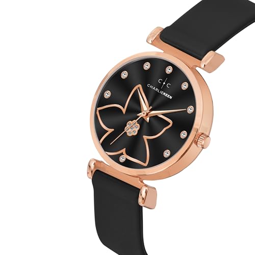 Image of CHARLIEKEEN Women's Watch, Analog Dial with Rose Gold Flower Design, Crystal Accents, Soft Silicone Strap