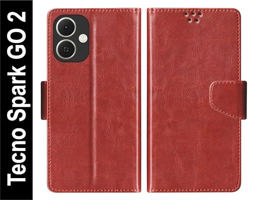 Image of SBMS Flip Cover for Tecno Spark GO 2 Back Cover Case with Magnatic Closure | Inbuilt Stand | Card & Money Pocket (Brown)