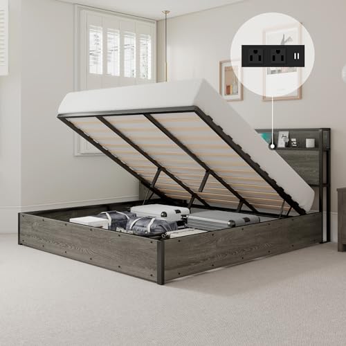 LUXOAK Queen Size Lift Up Storage Bed, Wood Platform Bed Frame...