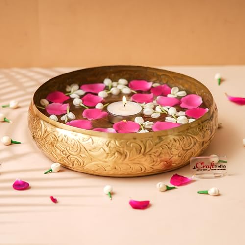 Image of eCraftIndia Golden Metal Decorative Urli Bowl for Home Decoration Office Tv Unit Kitchen Showpiece for Good Luck | Urli for Floating Candles Flowers for Pooja Room Entryway Living Room Diwali Gift