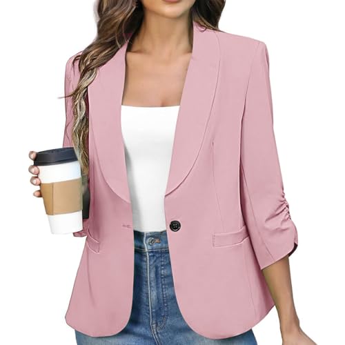Women's Ruched 3/4 Sleeve Suit Jackets Dressy Casual Blazer Slim Fit Jacket Padded Shoulder Pockets Fully Lined Suit