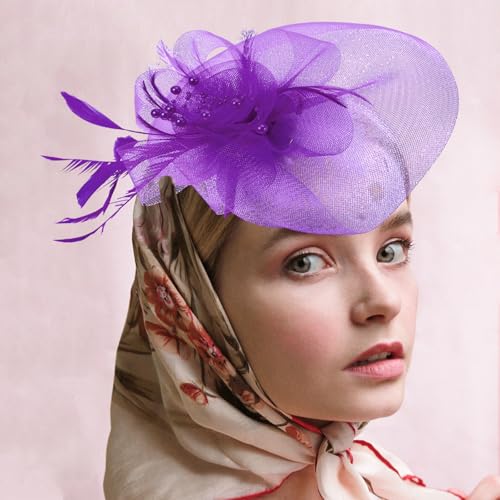 FRCOLOR Fascinator Headband Women Fascinator Hat Flower Mesh Ribbons Hair Clip Headpiece Cocktail Tea Party Headwear (Purple) - Image 2