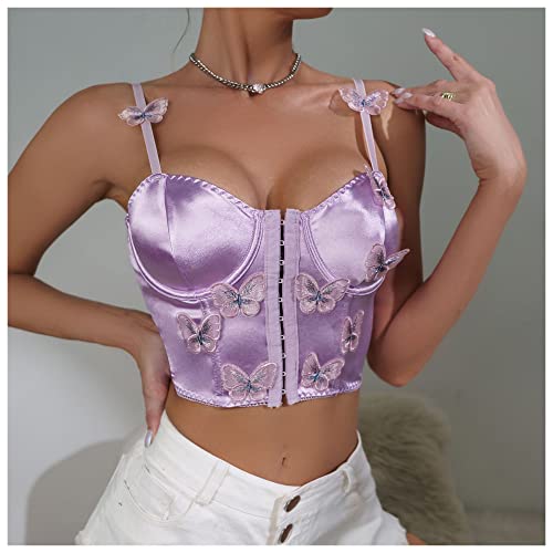 Testudineus Women Silky Satin Front Push Up Bustier Chic Butterfly Applique Corset Bra Vest Tight Sleeveless Tube Top #TOP3