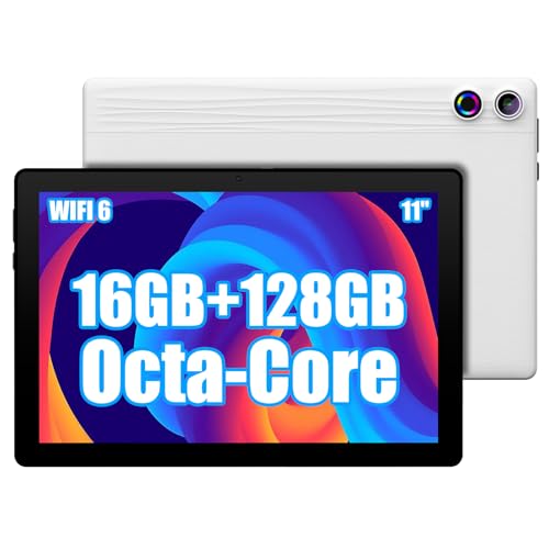 Ainmel Tablette 11 Pouces, Android 14 Tablette with Octa Core 2.0GHz Processor, 16GB RAM 128GB ROM 1TB TF, 5G+2.4G WiFi 6, 8+5MP Dual Camera, 6800 mAh Batterie, Bluetooth 5.0 (Blanc)