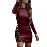 Lederkleid Damen Klassisches Einfarbiges Hippes Kleid Sexy Lace Splicing Etuikleid Modisches Bleistiftkleid mit Langen Ärmeln Minikleid mit Rundhalsausschnitt Abendkleid mit Reißverschluss