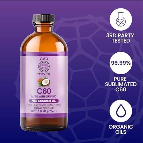 C60 Power C60 in Organic MCT Coconut Oil - Natural Wellness & Antioxidant Support for Men & Women, 99.99% Pure Carbon Fullerenes, Promotes Energy, Mental Clarity, & Stamina - 16 fl oz Bottle