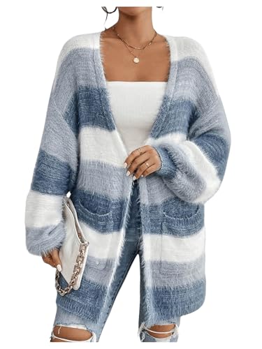 GORGLITTER Women's Colorblock Open Front Fuzzy Cardigan Long Sleeve Knit Coat with Pockets4