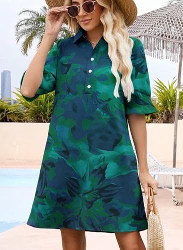 Image of Womens Summer Shirt Mini Dresses 2026 Beach | Flowy Shift Dress, Button V Neck, Polo Collar, Ruffle Short Sleeve, Floral Boho Style, Casual Vacation Outfits with Pockets