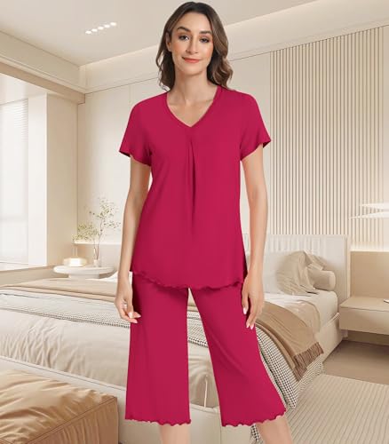 Image of NACHILA Women's Pajama Sets Cooling Bamboo Viscose V-Neck Top & Capri Pants
