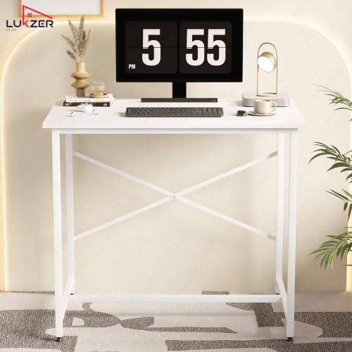 Image of Lukzer X-Support Study Table for Home & Office (MST-008-White & White) Metal & Engineered Wood Laptop & Computer Workstation Desk for Students & WFH, DIY Spacious Tabletop (90x60x75cm)