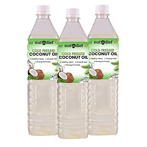 Image of nutndiet Cold Pressed Coconut Oil PET Bottle - 3 Litre (1L x 3) | Pure & Natural | Ideal for Cooking, Skin Care, Hair Care & Massage | Chemical-Free, Rich in Nutrients & Antioxidants