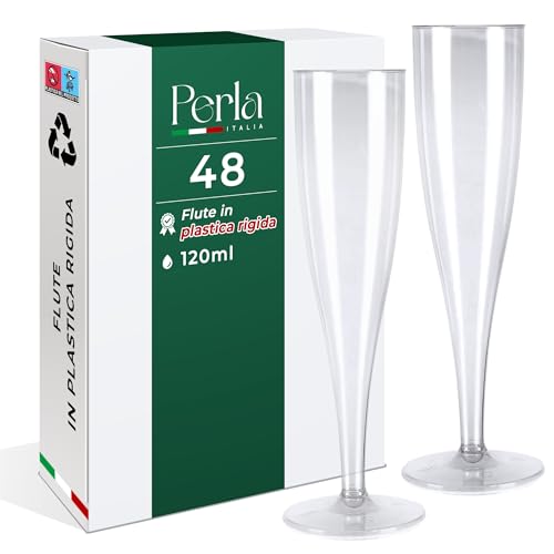 Perla, 48 Flute da Champagne Eleganti in Plastica, 120ml, Trasparenti, Resistenti e Riutilizzabili, Bicchieri da Brindisi per Feste, Compleanni, Matrimoni, Natale, Capodanno