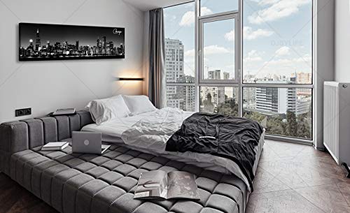 Image of DJSYLIFE Black & White Chicago Skyline Canvas Wall Art 13.8 inch x 47.3 inch | Fade-Resistant Panoramic Skyline Print, Ready to Hang for Bedroom, Office, Living Room Decoration