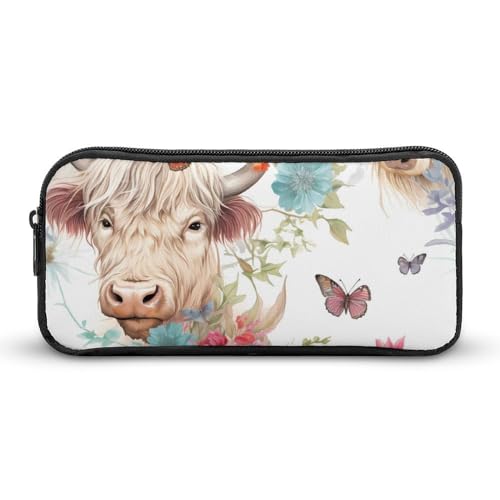Astuccio per penne e matite ad alta capacità con motivo di mucca delle Highlands con fiori e farfalle organizer per cosmetici per uomini e donne