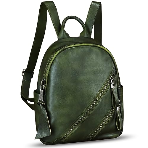 IVTG Vintage Genuine Leather Backpack for Women Cowhide Soft Real Leather Fashion Knapsack Purse Rucksack Daypack Bag (Green)