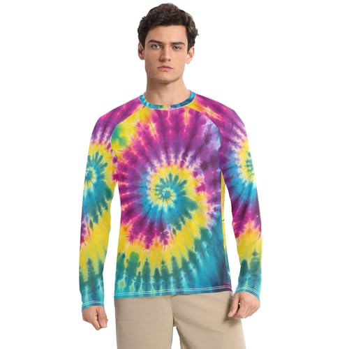Purple Blue Yellow Tie Dye Swirl Rash Guard Men UV Sun Protection UPF 50+ Sun Shirt Quick Dry Long Sleeve Fishing Shirts, XX-Large