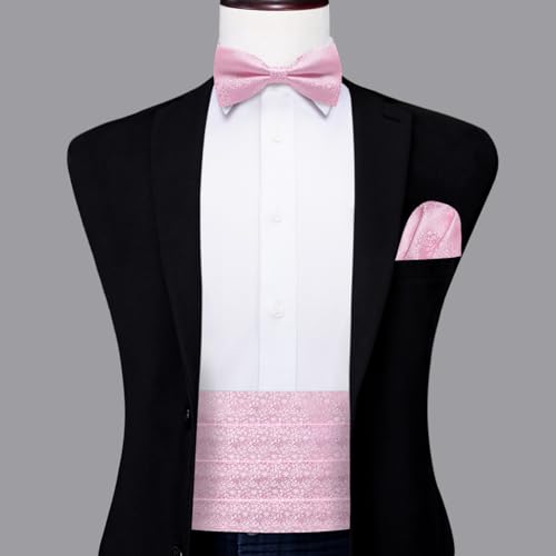 Image of Dubulle Mens Cummerbund and Bow Tie Set Paisley Floral Pretied Bowties for Men Pocket Square Cufflinks Wedding Business