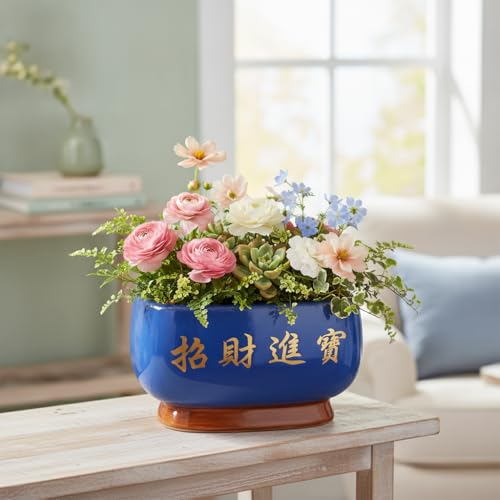Image of Xtore Elegant Sky-Blue Ceramic Bonsai Planter Pot for Indoor & Tabletop Decor | Glossy Finish Bowl with Artistic Raised Detailing & Sturdy Feet Base (Pack of 1, Planter Only)