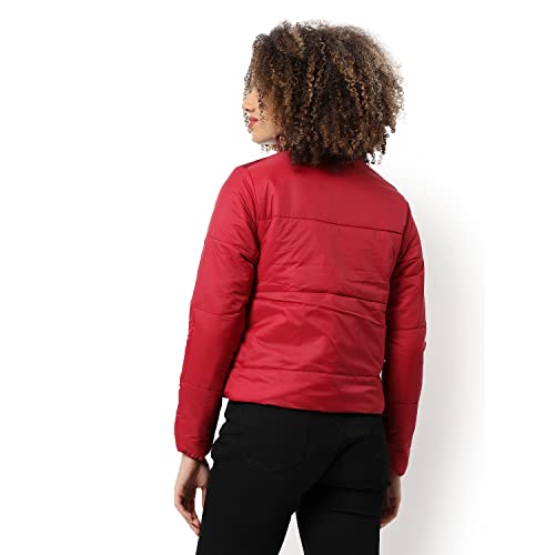 Image of Campus Sutra Women Red & Maroon Puffer Regular Fit Bomber Jacket For Winter Wear | Standing Collar | Full Sleeve | Zipper | Casual Jacket For Woman & Girl | Western Stylish Jacket For Women