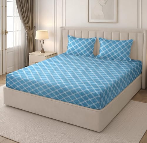 Image of RD TREND Cloud Cotton Double Bed Bedsheet-90x100 Inches with 2 Matching Pillow Covers (18x28Inch | Queen Size Bed Sheet 210 TC Soft & Breathable | (Lines-Blue)