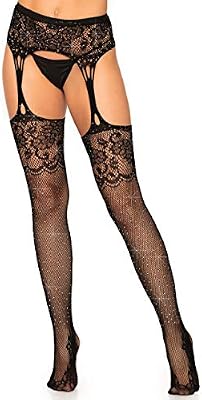 Leg Avenue Rhinestone Lace Top Fishnet Stockings with Lace Foot and Attached Garter Belt.