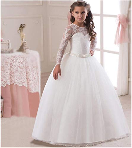 Romantic Puffy Lace Flower Girl Dress for Weddings Tulle Ball Gown Lace up Flower First Communion Girl Dresses Pageant Gown (White, Bust 26 inches)