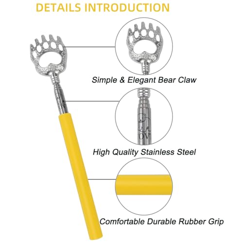 Image of WOVTE Back Scratcher, Bear Claw Telescopic Back Scratcher Stainless Steel Back Massager, Back Scratcher for Men Women Gifts for Men Stocking Stuffers for Men Women Mens Gifts(Yellow)