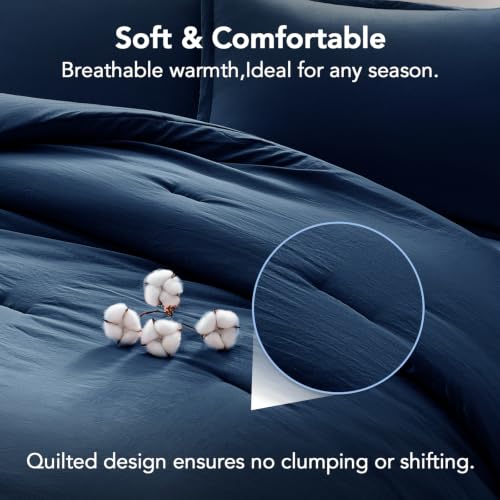 Image of Quataly Oversized Queen Comforter Set Prewashed Lightweight Quilted Bedding | 3PCS Navyblue Breathable Down Alternative Bedding Set with 1 Solid Comforter (98 inchx98 inch) and 2 Soft Pillowcases
