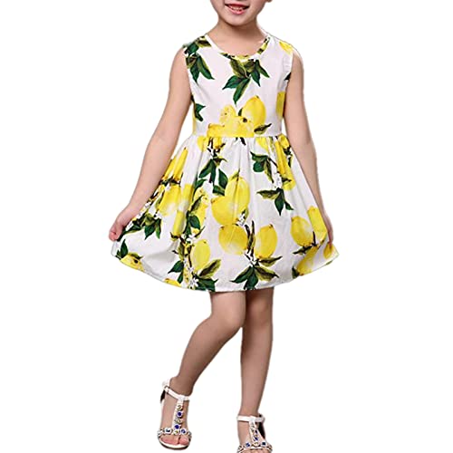 FEDPOP Baby Girls' Summer Dresses Kids Lemon Dress Fruit Toddler Girls Sundresses Knee Length Crew Neck Twirl Casual Outfit 2-7 Years