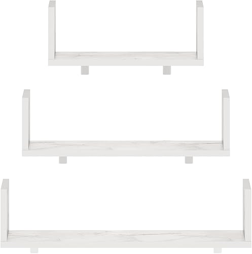 Miniatura 7 de Furinno Rossi - Estantes flotantes de pared para dormitorio, con soportes invisibles, juego de 3, mármol blanco