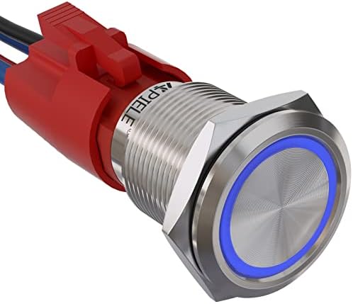 APIELE 10 Amp 19mm Latching Push Button Switch 12V SPST LED Waterproof Stainless Steel Round Self-Locking 1NO (19mm, Blue)