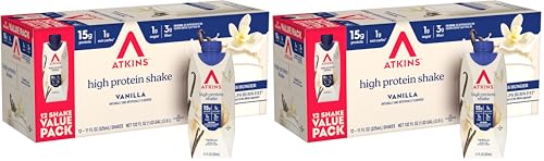 Atkins Creamy Vanilla Protein Shake, 15g Protein, Low Glycemic, 2g Net Carb, 1g Sugar, Keto Friendly, 12 Count (Pack of 2)