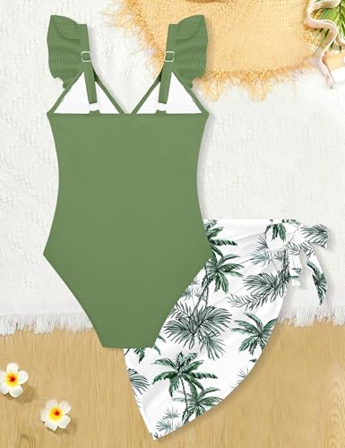 Image of Girls One Piece Swimsuit Cut Out Ruffle Bathing Suit Twist V Neck Swimwear Solid Color with Cover Up Skirt 9-16T