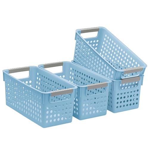 Soddeph 4 Pack Slim Plastic Storage Basket with Handles, Rectangular Storage Bins for Shelves,Narrow Organizer box for Organizing, Kitchen,Home,Office (Blue, Small)