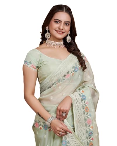 Image of VAIRAGEE Women Soft Organza Embroidery Traditional Flower Pattern Beautiful saree with unstitched blouse piece (6159)