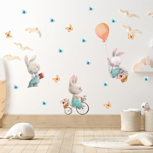 Image of Cute Bunnies with Flower Balloon Butterfly Wall Stickers for Kids Room Bedroom Living Room Door Study Boho Nursery Wall Decoration Wall Sticker for Baby Boy Girl Room Playroom Decor